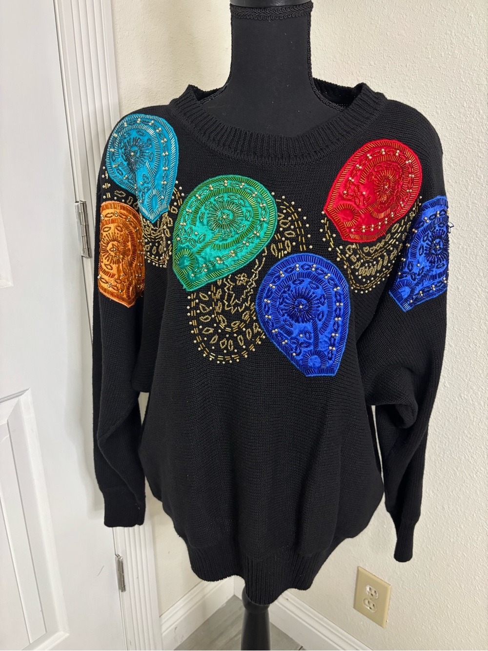 Black vintage Sweater with Multicolor Embroidered Paisley Accents